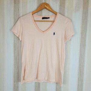 Polo Ralph Lauren‎ 100% Cotton Tshirt Top Blouse Striped Peach White Size Small